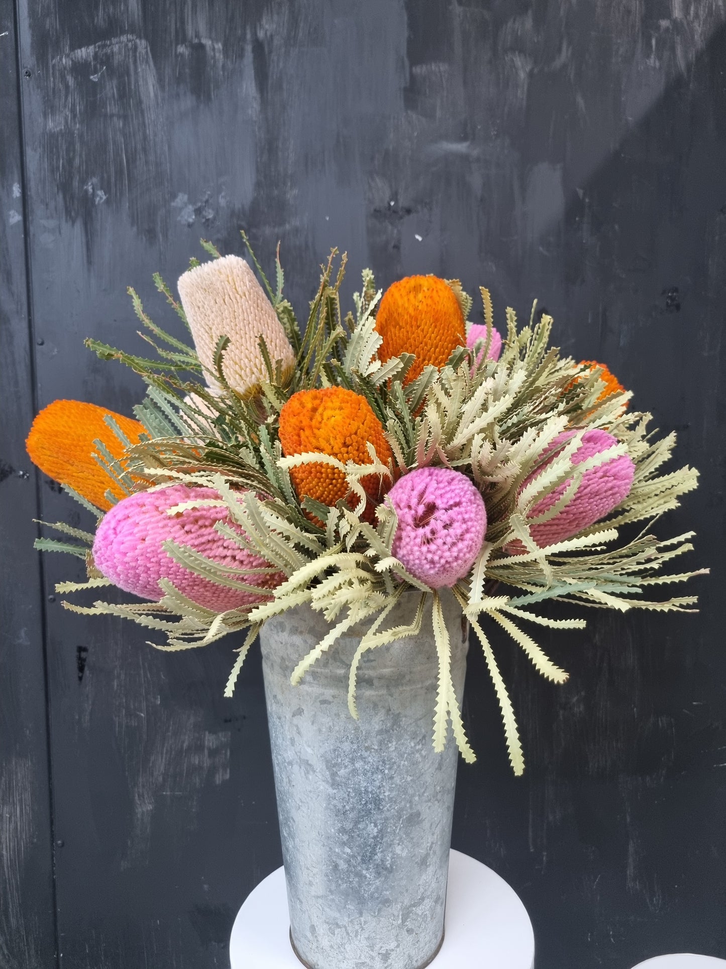 Banksia Vibrance In Rustic Tin Bucket